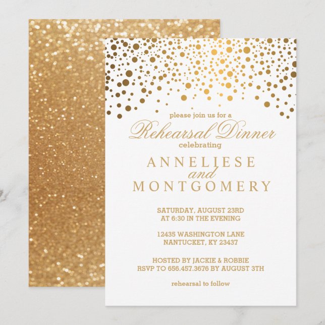 Invitation Dîner de répétition blanc et or Confetti (Devant / Derrière)