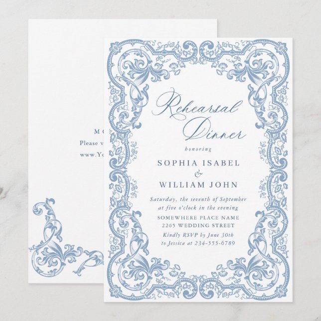 Invitation Dîner de répétition bleu de la Renaissance (Devant / Derrière)