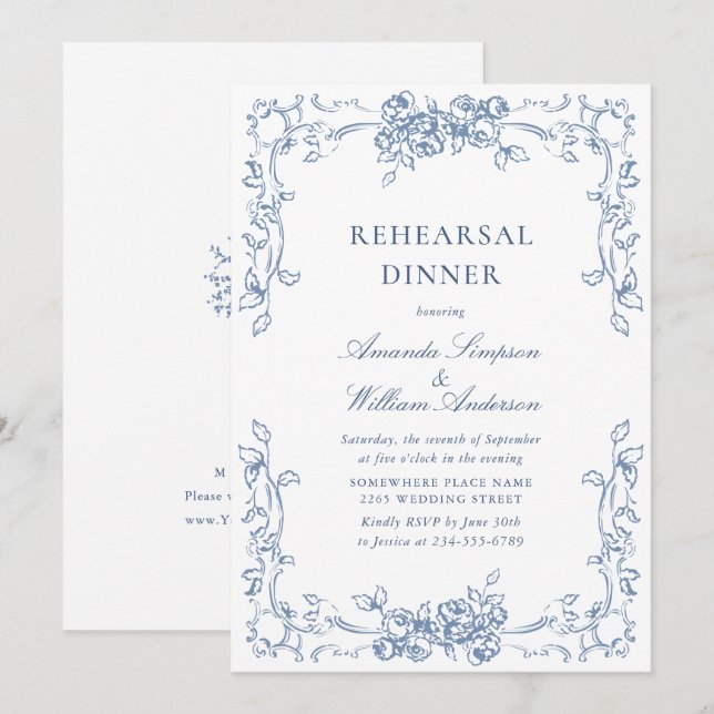 Invitation Dîner de répétition bleu de la Renaissance (Devant / Derrière)