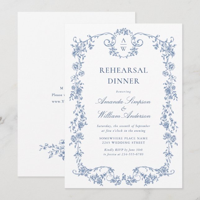 Invitation Dîner de répétition bleu Dusty Ornate de Victoria (Devant / Derrière)