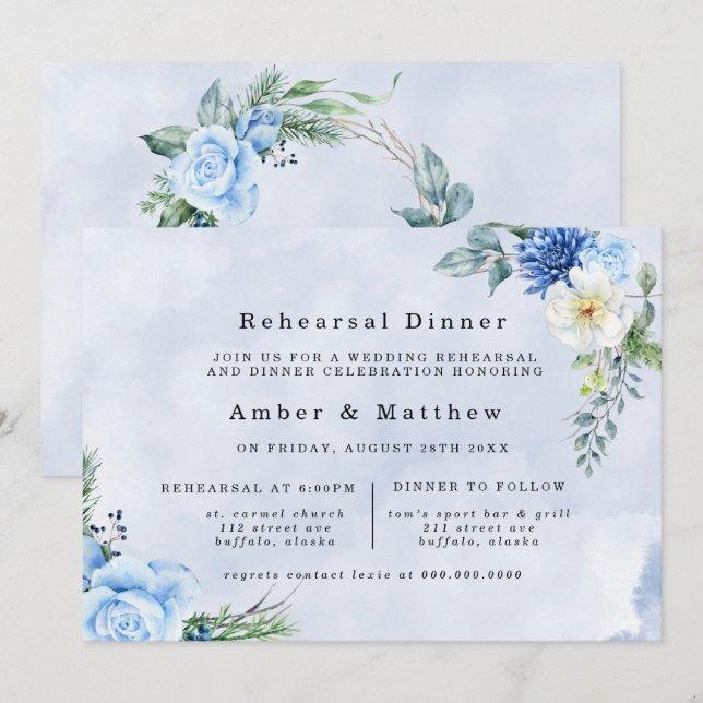 Invitation Dîner de répétition bleu floral Dusty Navy (Devant / Derrière)