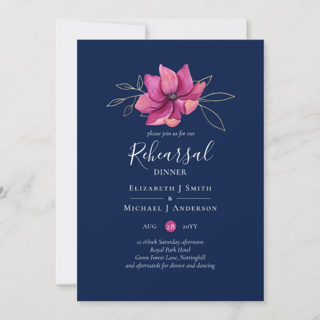 Invitation Dîner de répétition bleu Fuchsia Pink Navy (Devant)