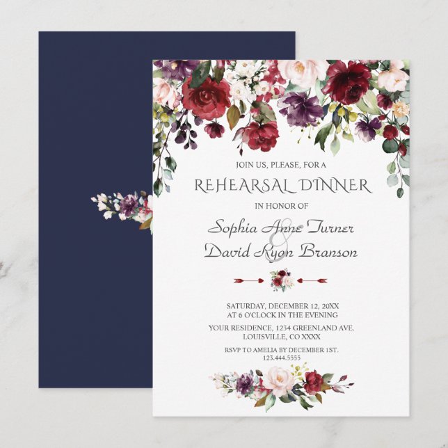 Invitation Dîner de répétition bleu marine Fleurs rousses de  (Devant / Derrière)