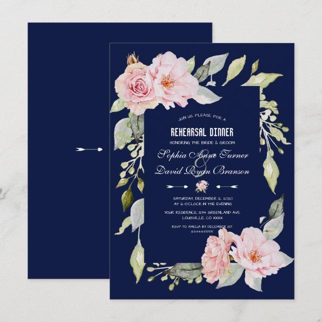 Invitation Dîner de répétition bleu marine rose floral (Devant / Derrière)