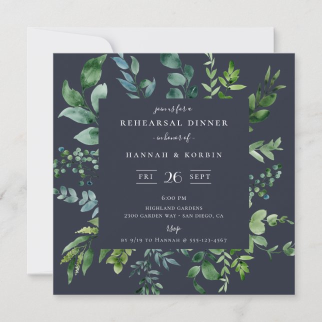 Invitation Dîner de répétition bleu marine Rustic Forest Foli (Devant)