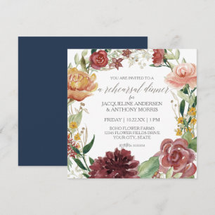 Invitation Dîner de répétition bleu marine Rustique Floral Ro