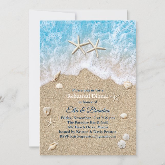 Invitation Dîner de répétition Blue Beach Waves & Starfish (Devant)