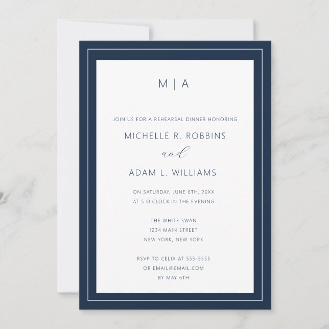 Invitation Dîner de répétition Blue Chic de la Marine moderne (Devant)