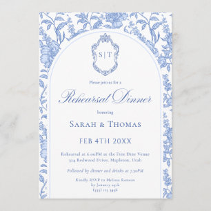 Invitation Dîner de répétition Blue Floral Chinoiserie Monogr