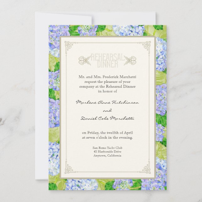 Invitation Dîner de répétition - Blue Hydrangea Lace Floral (Devant)
