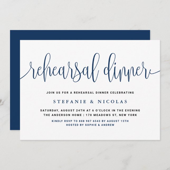 Invitation Dîner de répétition Blue Pretty Calligraphy (Devant / Derrière)