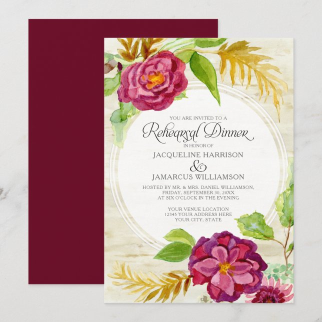Invitation Dîner de répétition BOHO Burgundy Floral Roses d'a (Devant / Derrière)