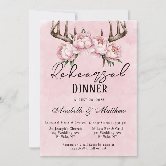 Invitation Dîner de répétition Boho Deer Antlers Pink Peonies (Devant)