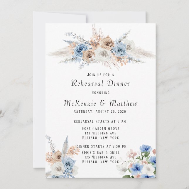 Invitation Dîner de répétition Boho Dusty Blue Pink Peony (Devant)