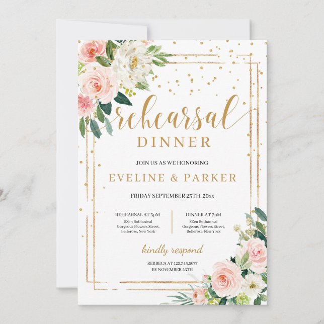 Invitation Dîner de répétition boho rose floral or (Devant)