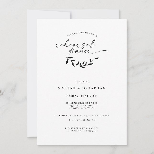Invitation Dîner de répétition botanique noir et blanc élégan (Devant)