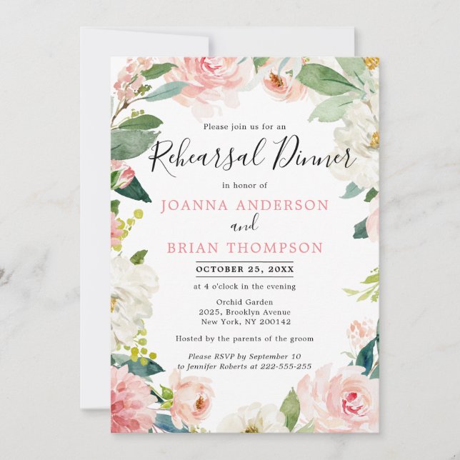 Invitation Dîner de répétition botanique rose pâle (Devant)