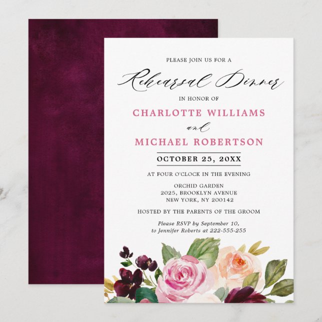 Invitation Dîner de répétition botanique rose prune violet (Devant / Derrière)
