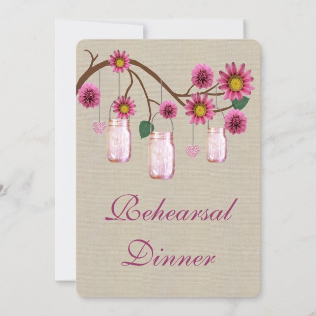 Invitation Dîner de répétition Burlap Rustic Pink Mason Jars (Devant)