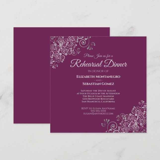 Invitation Dîner de répétition Carré Argent & Cassis (Devant / Derrière)
