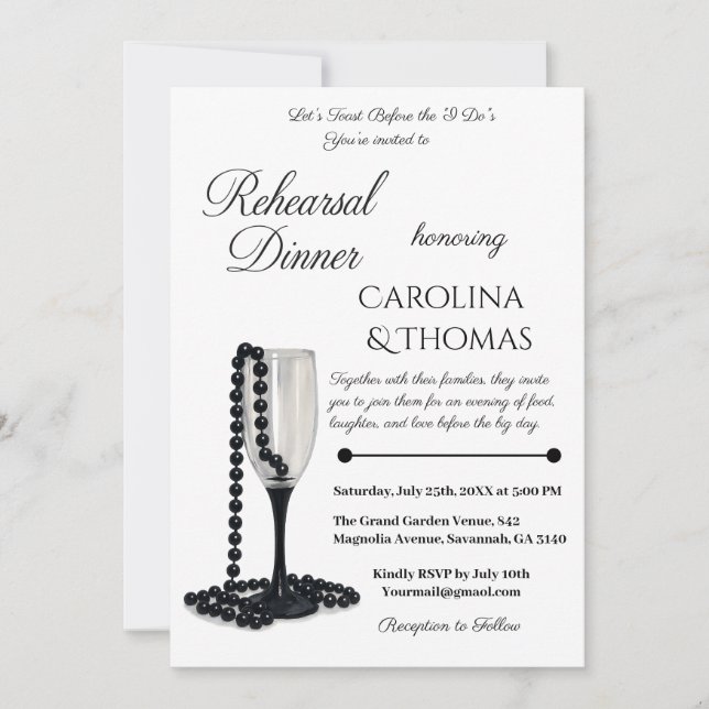 Invitation Dîner de répétition Champagne Perle Noir et Blanc (Devant)