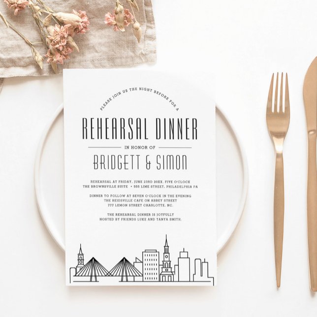 Invitation Dîner de répétition Charleston | Ville Skyline (Créateur téléchargé)
