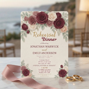 Invitation Dîner de répétition chic avec rose de Bourgogne él