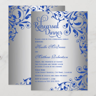 Invitation Dîner de répétition chic bleu royal et argenté