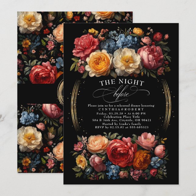 Invitation Dîner de répétition chic et botanique Moody Floral (Devant / Derrière)
