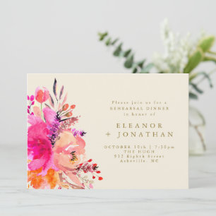 Invitation Dîner de répétition chic floral aquarelle or rose