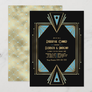 Invitation Dîner de répétition chic Gatsby Art Déco bleu et o
