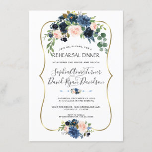 Invitation Dîner de répétition Chic Gold Navy Blue Blush Fleu