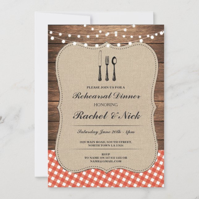 Invitation Dîner de répétition Cutlery Rouge Check Rustic Inv (Devant)