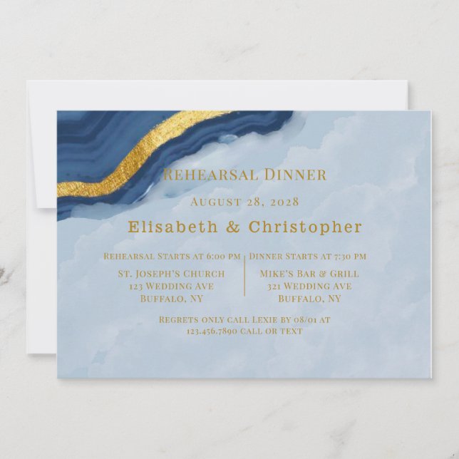 Invitation Dîner de répétition d'âge bleu et or de la Marine (Devant)