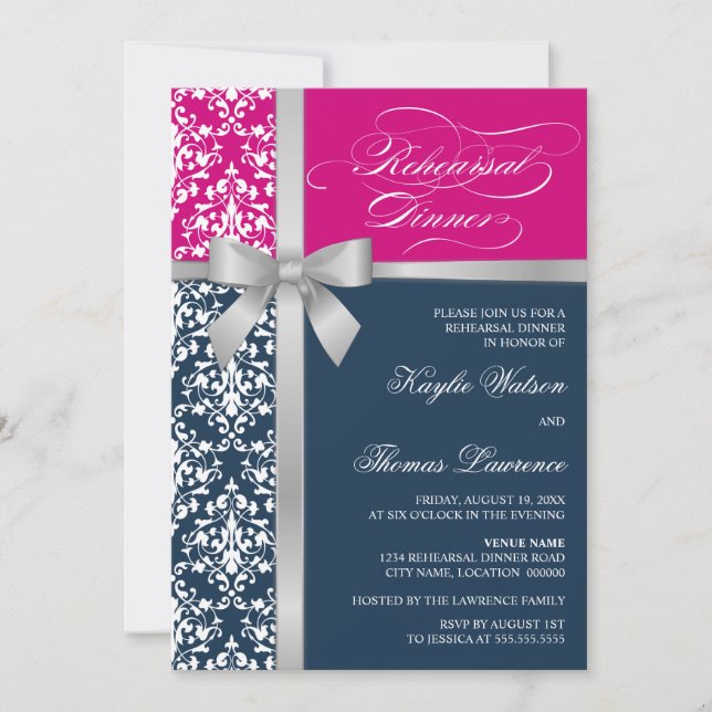 Invitation Dîner de répétition Damask Faux Silver Ribbon (Devant)