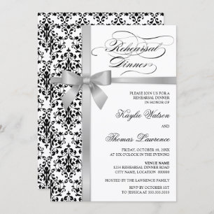 Invitation Dîner de répétition Damask Faux Silver Ribbon