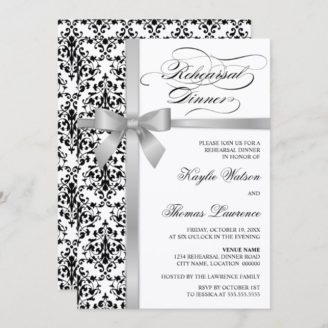 Invitation Dîner de répétition Damask Faux Silver Ribbon (Devant / Derrière)