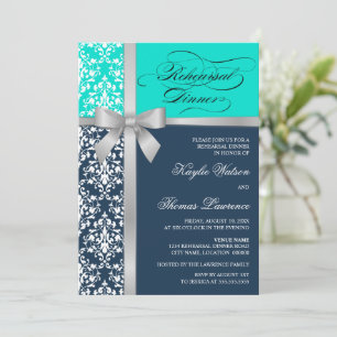 Invitation Dîner de répétition Damask Faux Silver Ribbon