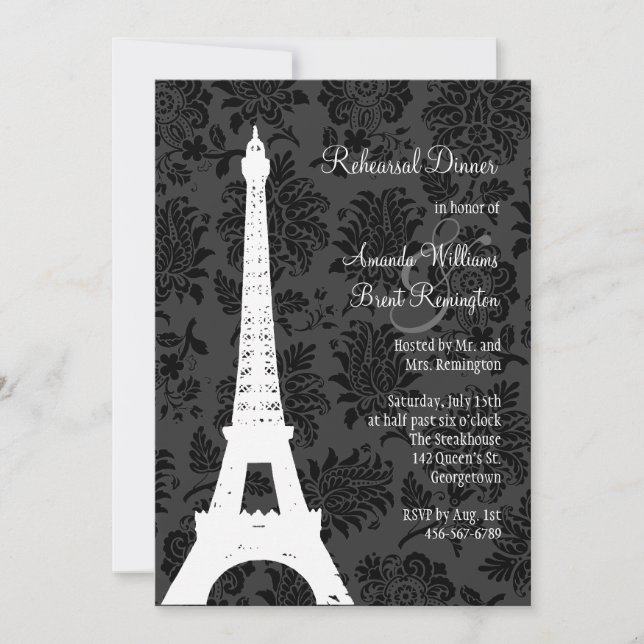 Invitation Dîner de répétition Damask Paris (noir) (Devant)