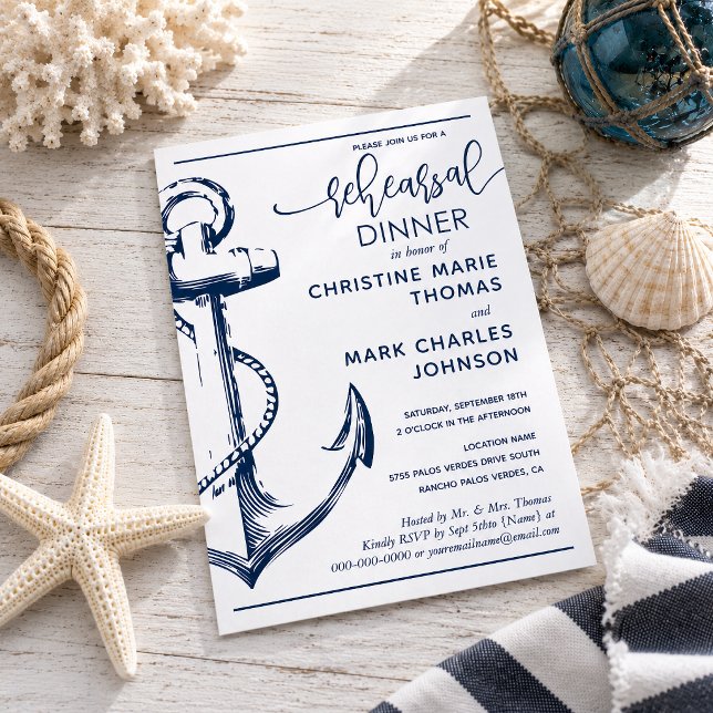 Invitation Dîner de répétition d'ancrage nautique de mariage (Create your perfect invitation with this nautical anchor rehearsal dinner invitation.)