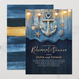 Invitation Dîner de répétition d'Ancres bleu et or de la mari