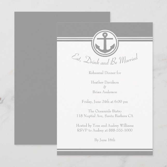 Invitation Dîner de répétition d'Ancres nautiques gris Invita (Devant / Derrière)