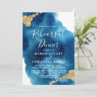 Invitation Dîner de répétition d'aquarelle bleu et or Invitat