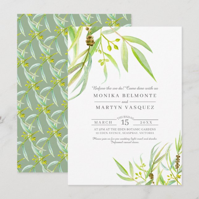 Invitation Dîner de répétition d'aquarelle feuille Eucalyptus (Devant / Derrière)