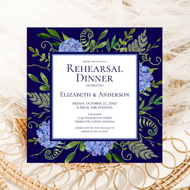 Invitation Dîner de répétition d'aquarelle florale Blue Hydra (Créateur téléchargé)