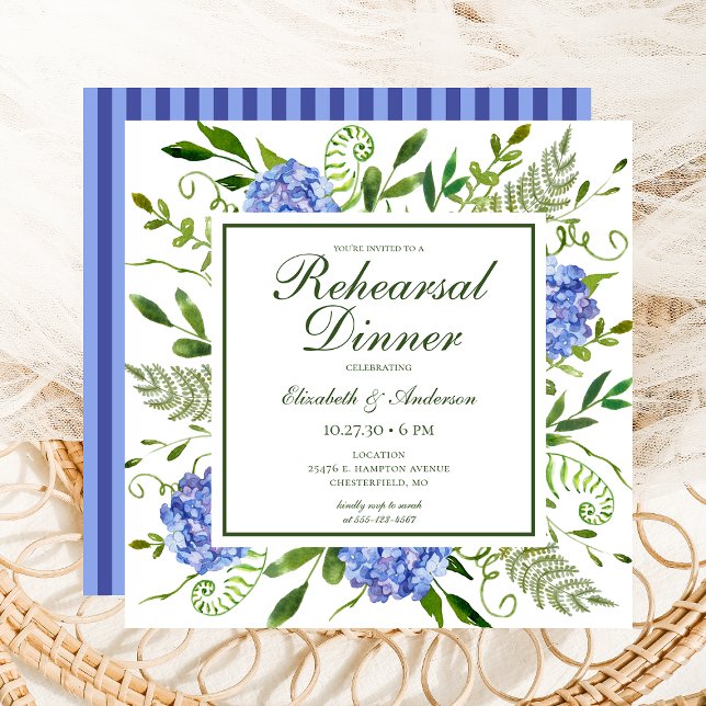 Invitation Dîner de répétition d'aquarelle florale Blue Hydra (Créateur téléchargé)