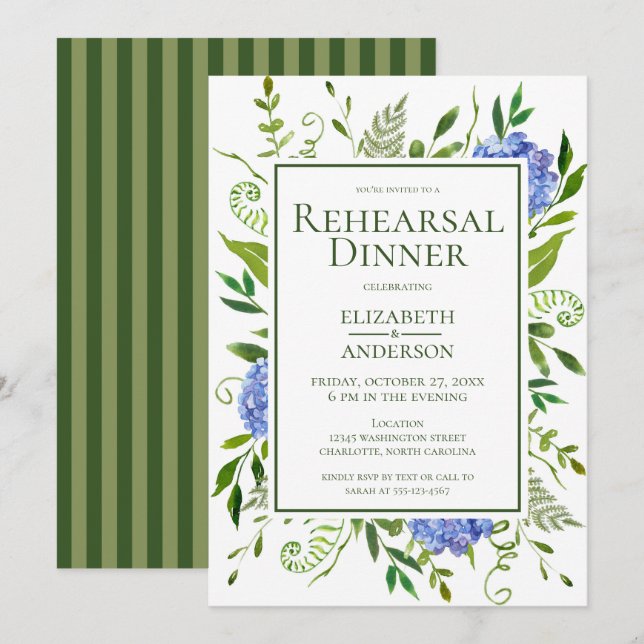Invitation Dîner de répétition d'aquarelle florale Blue Hydra (Devant / Derrière)