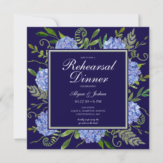 Invitation Dîner de répétition d'aquarelle florale Blue Hydra (Devant)