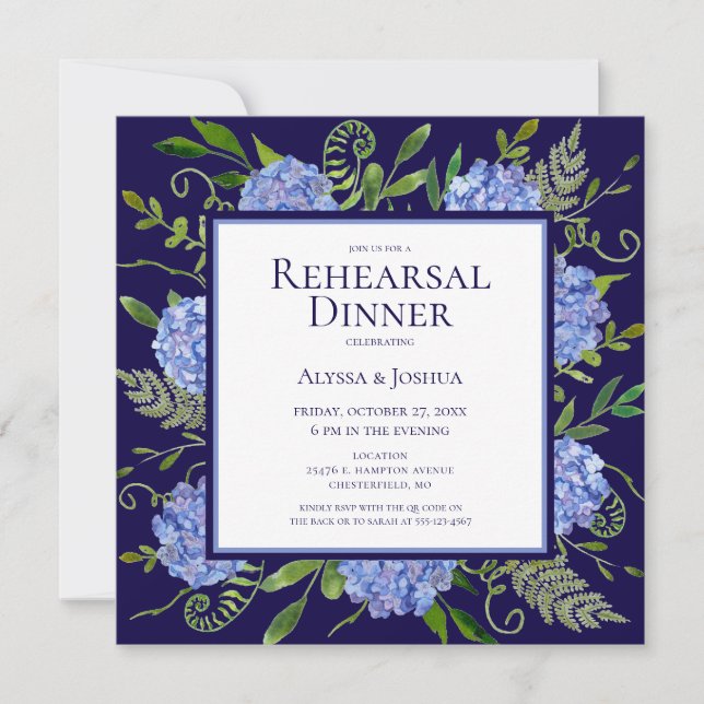 Invitation Dîner de répétition d'aquarelle florale Blue Hydra (Devant)