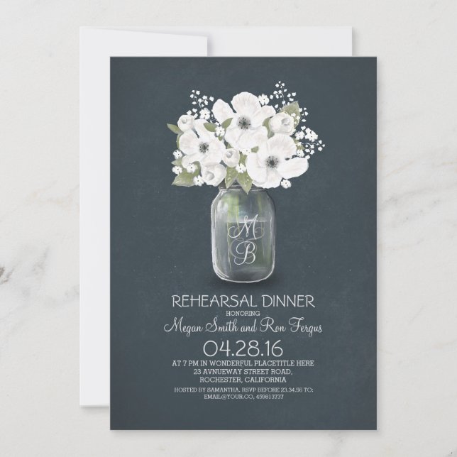 Invitation dîner de répétition de bocal de mason à fleurs rus (Devant)